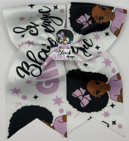 White hair bow with black text and images of a girl with braided hair on a white background White hair bow with black text and images of a girl with braided hair on a white background