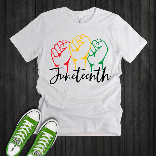 Juneteenth Raised Fists Graphic Tee – Custom Handmade White T-Shirt
