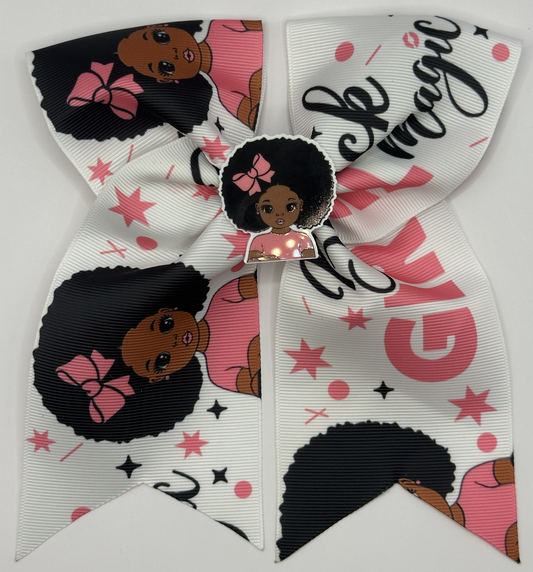 Large decorative bow with black hair, pink bows, and text on a white background