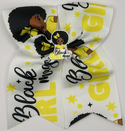 Hair bow with 'Black Girl Magic' text and stars on a white background
